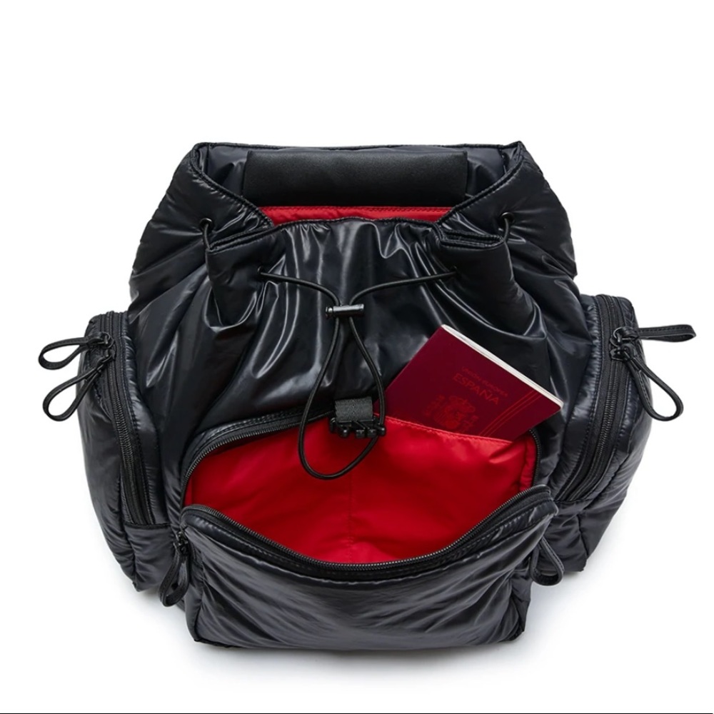 Caraa Black Vegan Faux Leather Drawstring Waterproof Backpack NWT Travel Work - Picture 4 of 10